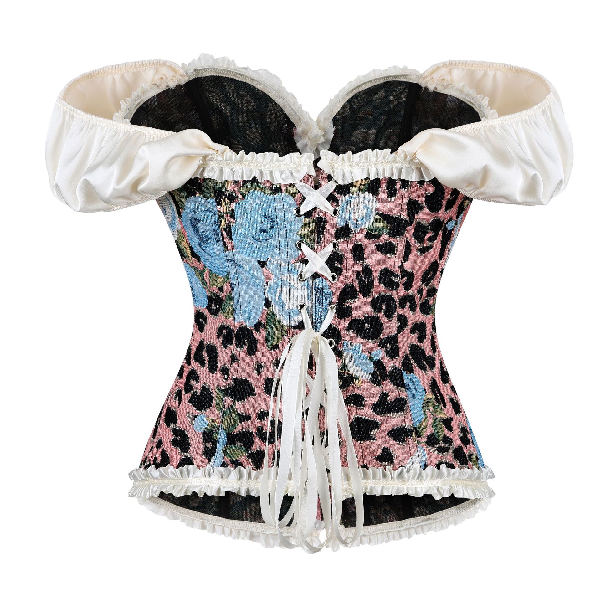 Leopard Floral Corset Off Shoulder Puff Sleeve Ruffle Lace Up Fishbone Bustier